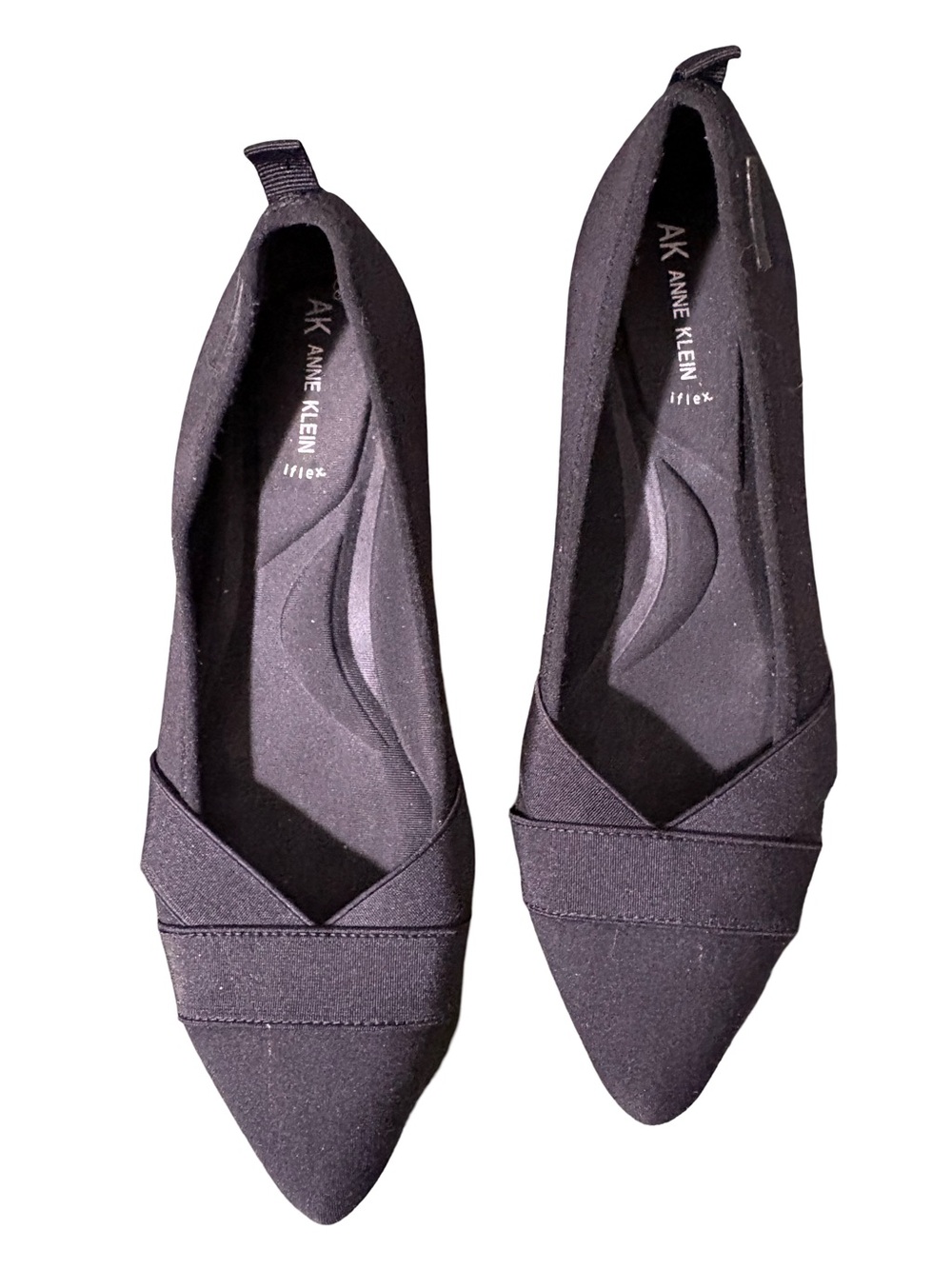 Anne Klein Black Pointed-Toe Slip On Flats with Crossband Detail Sz 11